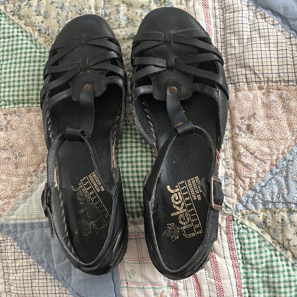 Rieker Women's Black Strappy Leather Flats. Adjustable!